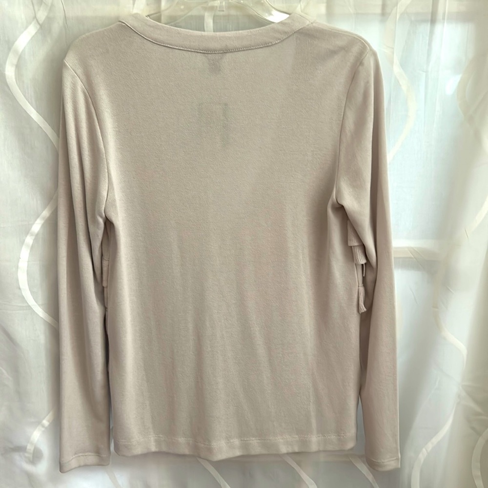 Ann Taylor Tan, V Neck, Button Down Cardigan with Ruffles, Size Small - Picture 3 of 5
